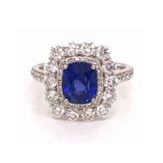 Cushion Cut Double Cluster Sapphire Diamond Engagement Ring
