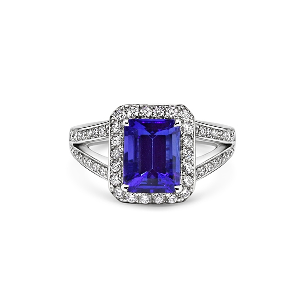 Tanzanite & Brilliant Cut Diamond Cluster Ring With Split Diamond Shoulders