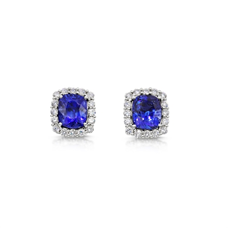 A Pair of Cushion Cut Sapphire & Diamond Cluster Stud Earrings
