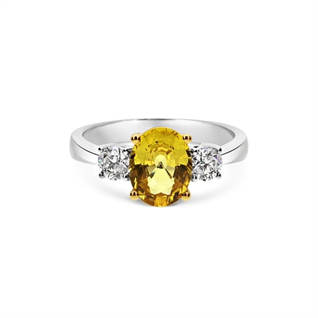 Oval Yellow Sapphire & Brilliant Cut Diamond Three Stone Engagement Ring
