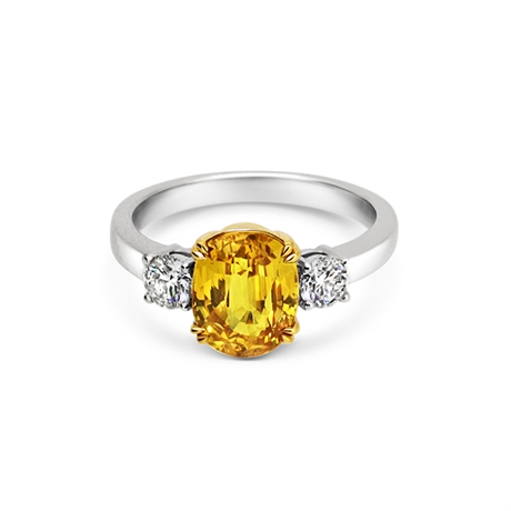 Oval Yellow Sapphire & Brilliant Cut Diamond Three Stone Ring